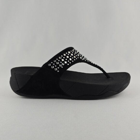 FITFLOP Women's Black Novy Stud Rhinestone Thong Wedge Sandals Wobbleboard Sz 6 - Picture 5 of 12